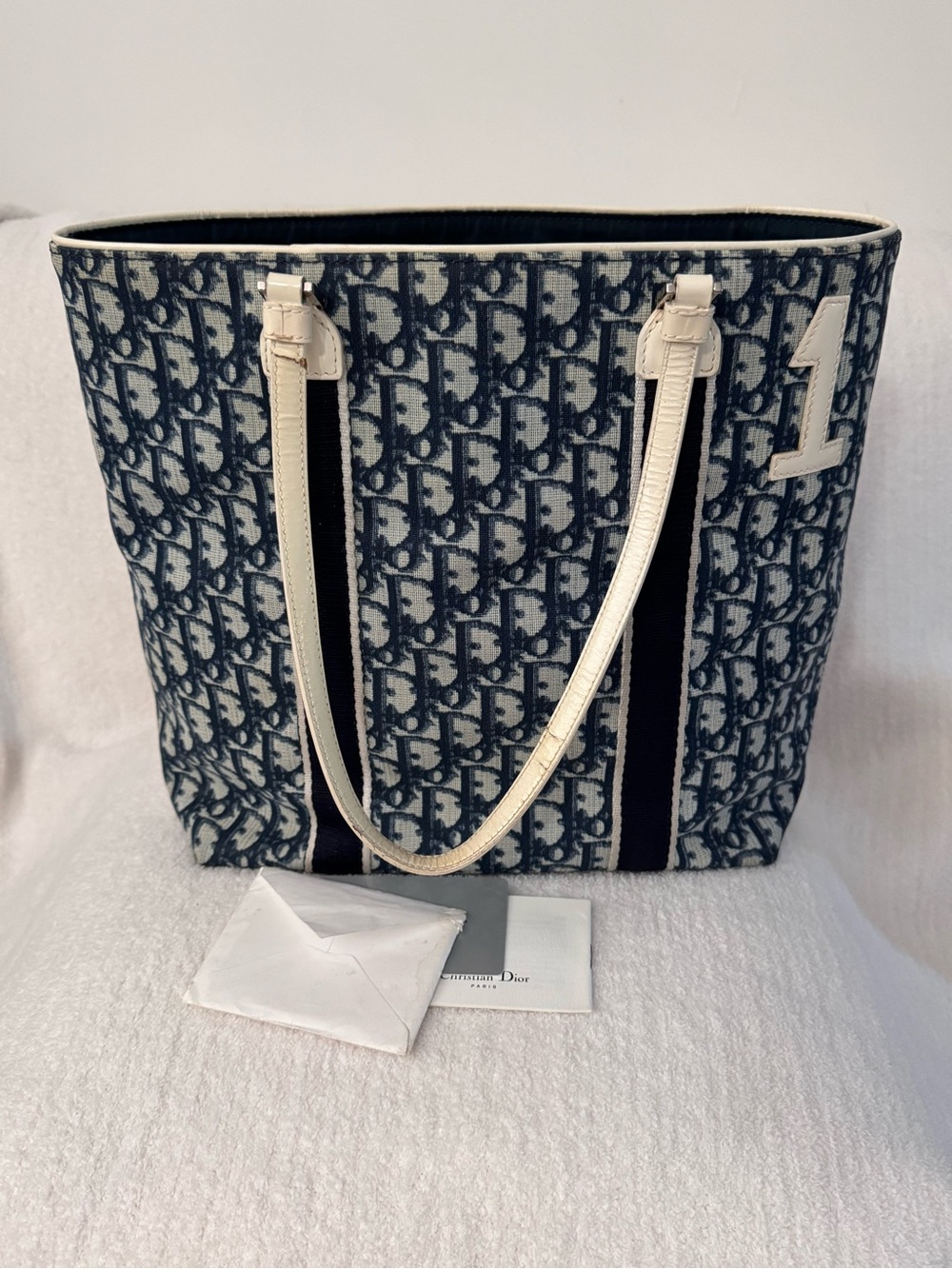 Dior Blue Oblique Canvas Tote with White Leather Straps